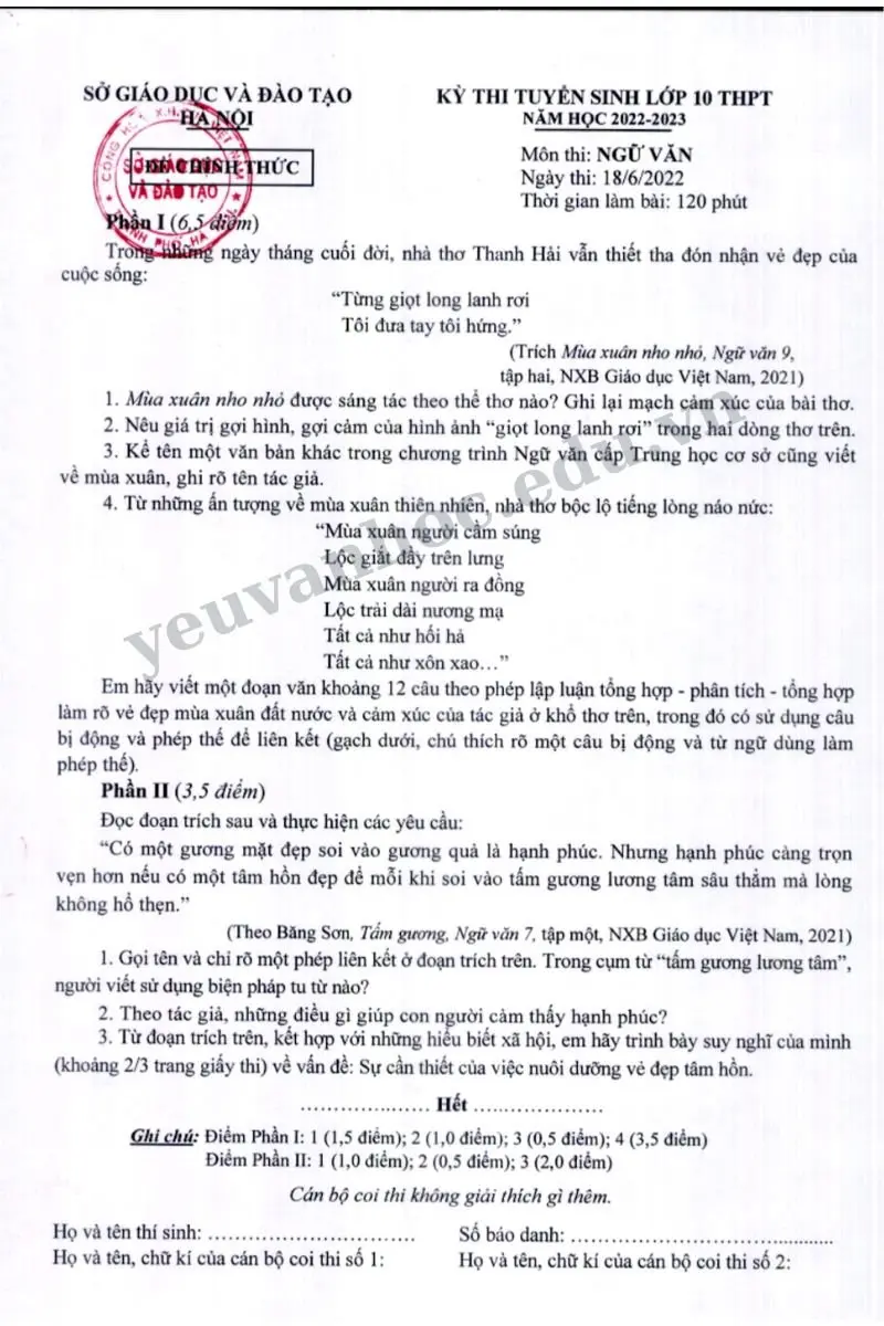 đề thi tuyển sinh vào lớp 10 năm 2022