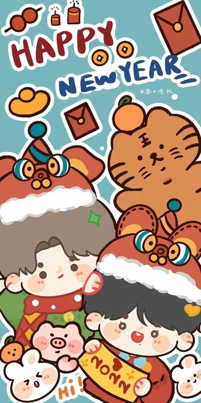 Ảnh gia đình Tết chibi phong cách kawaii ấm áp 