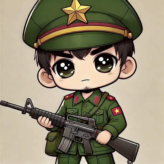 Chibi bộ đội và lá cờ Việt Nam nét vẽ kawaii yêu nước 