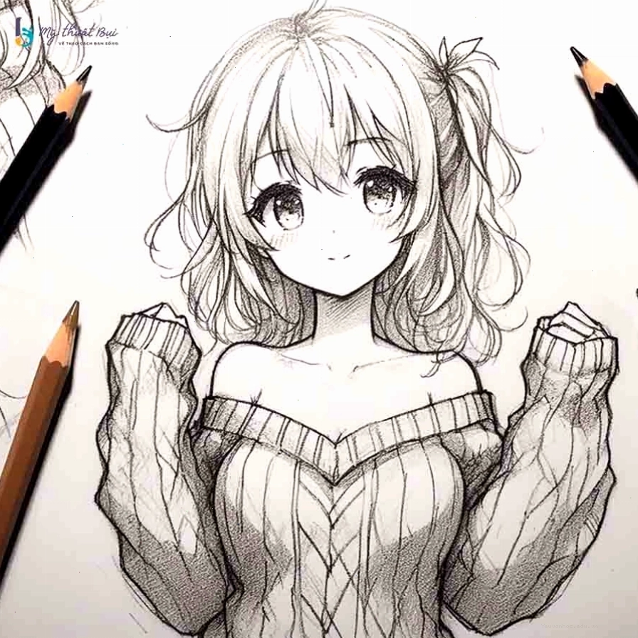 Ảnh anime nữ chưa tô màu với phong cách dễ thương