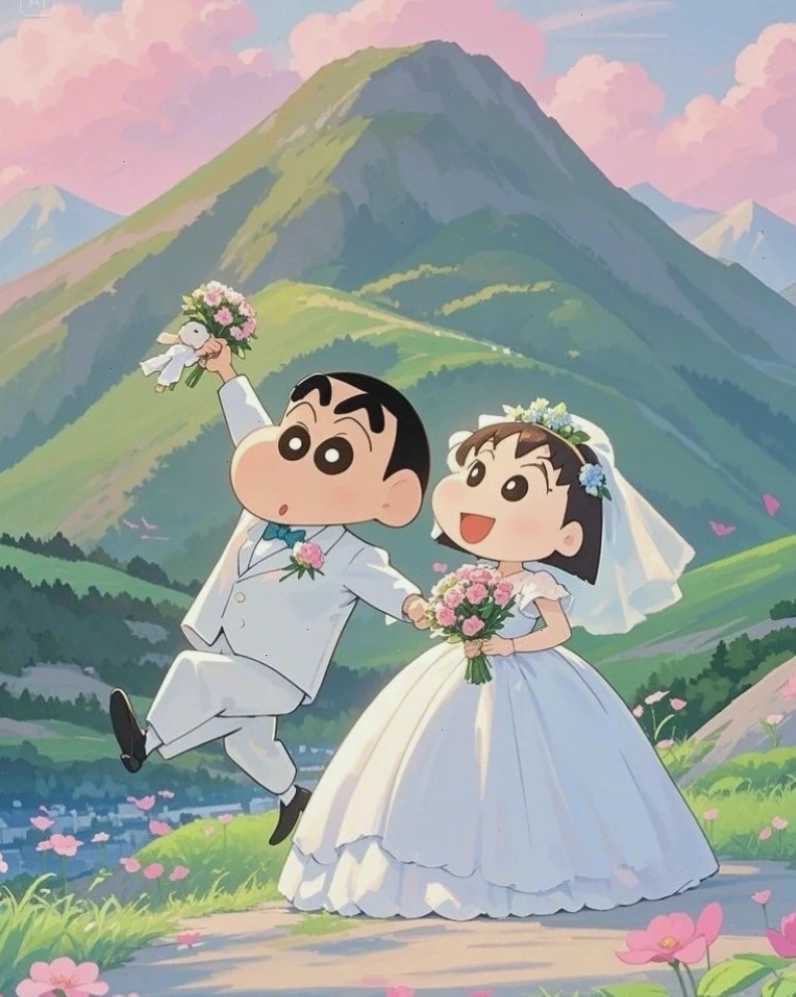 Ảnh chibi cô dâu chú rể dưới mái vòm hoa lãng mạn