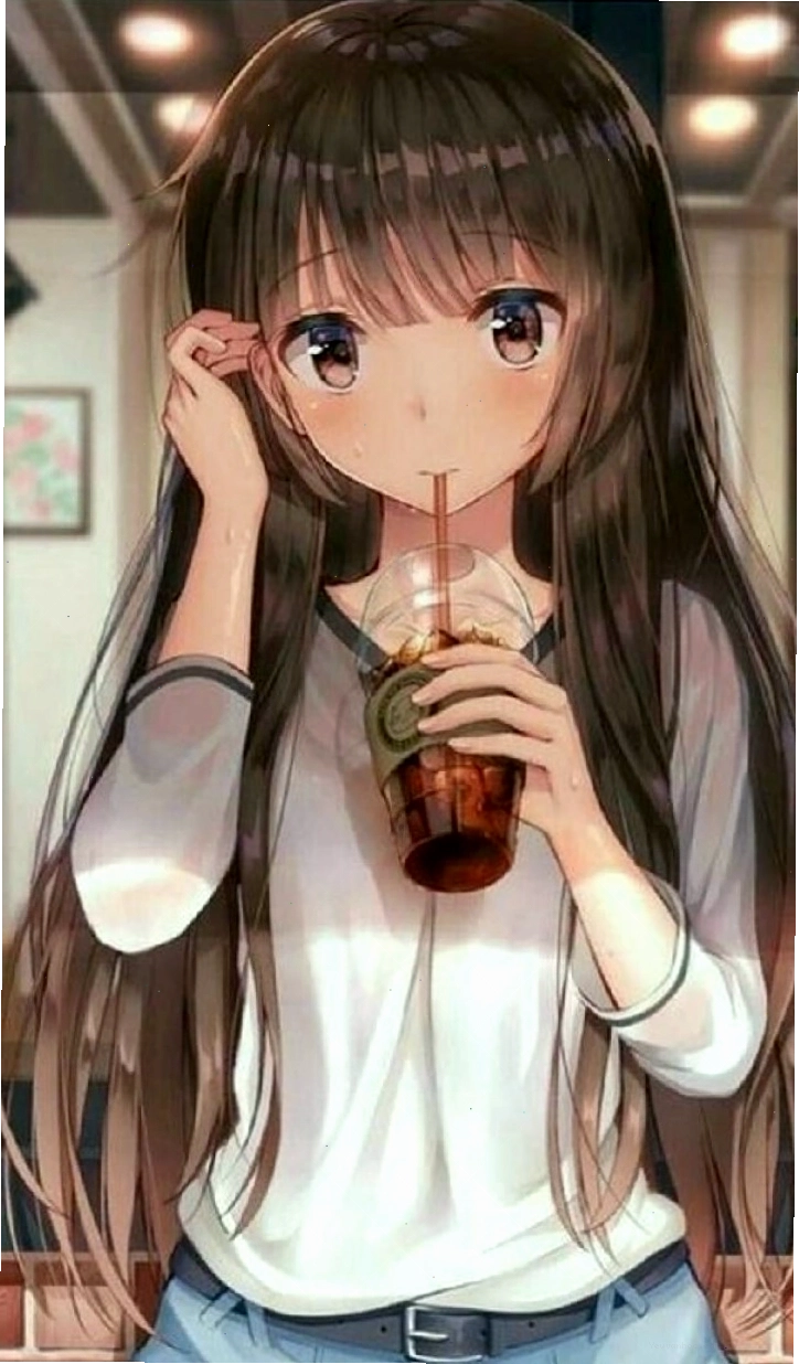 Anime nữ dễ thương đang uống trà sữa