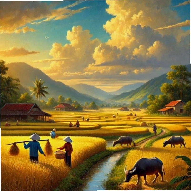 Cánh đồng lúa chín vàng rực rỡ dưới ánh nắng ban mai