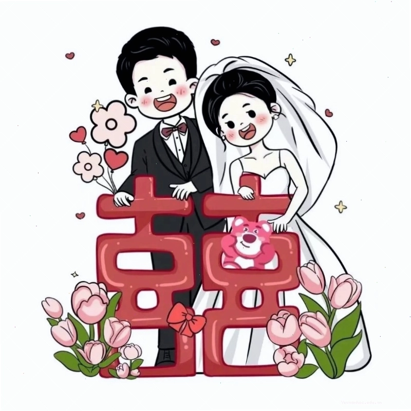 Cặp đôi cô dâu chú rể chibi trao nhẫn cưới