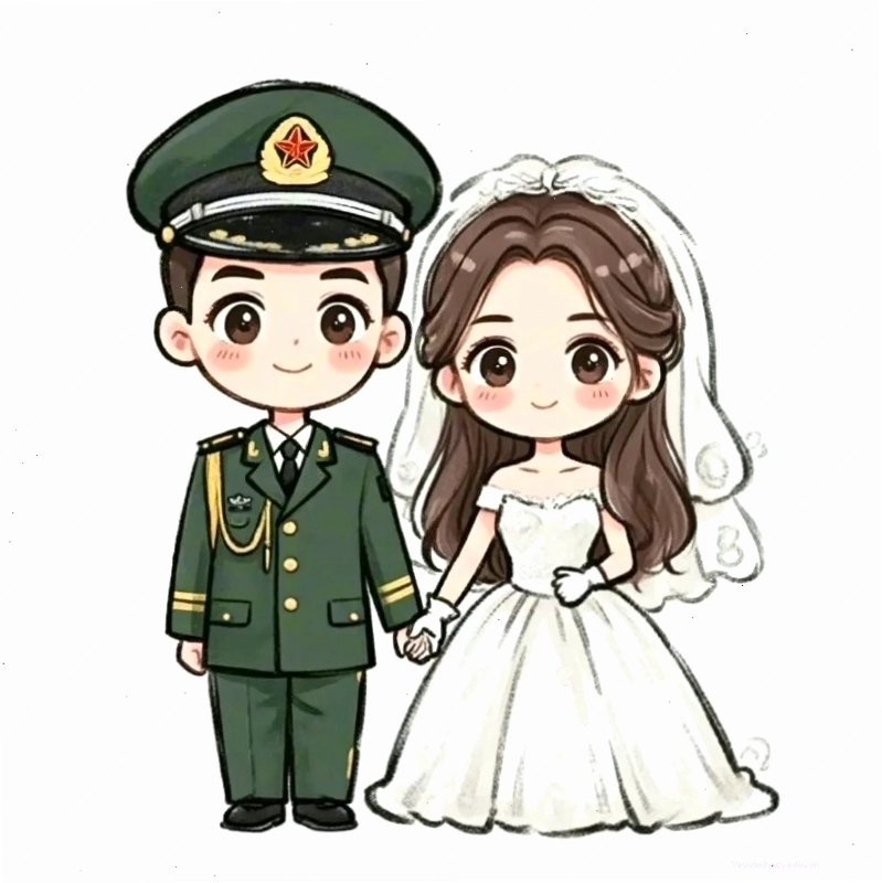 Cặp đôi cô dâu chú rể chibi trong trang phục cưới mùa hè