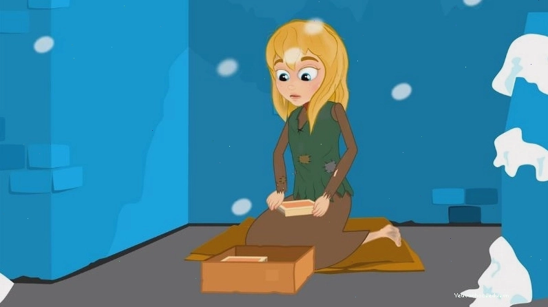 Cô bé bán diêm ngồi co ro nép mình vào tường, cố gắng nhóm những que diêm cuối cùng