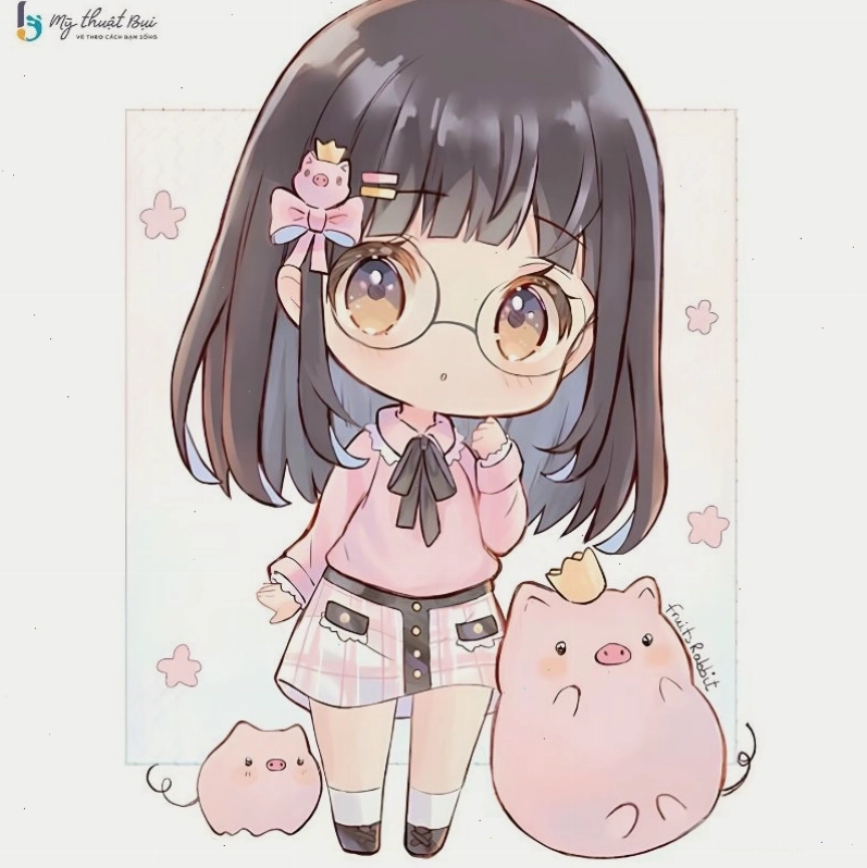 Cô gái chibi cute đang cầm một chú gấu bông nhỏ