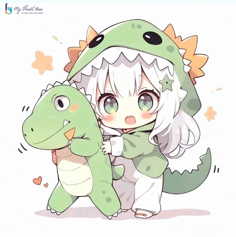 Cô gái chibi cute dễ thương ngồi trên đám mây