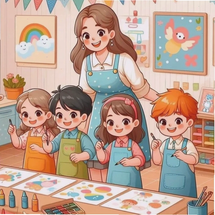 Cô giáo chibi đang giảng bài trên lớp