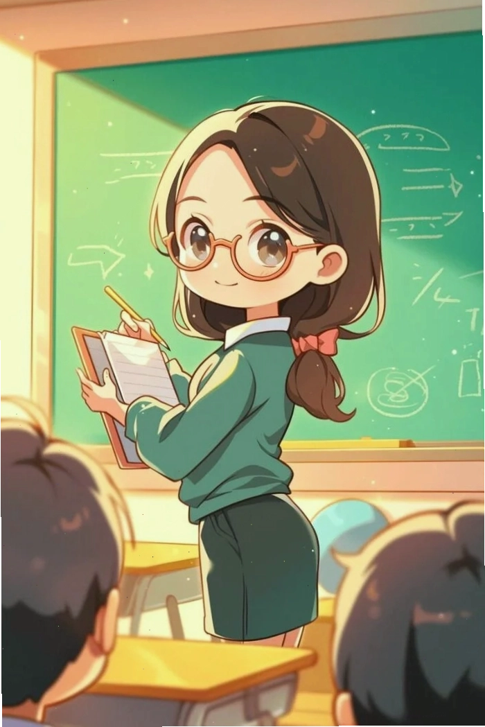 Cô giáo và học sinh chibi vui vẻ trong lớp học