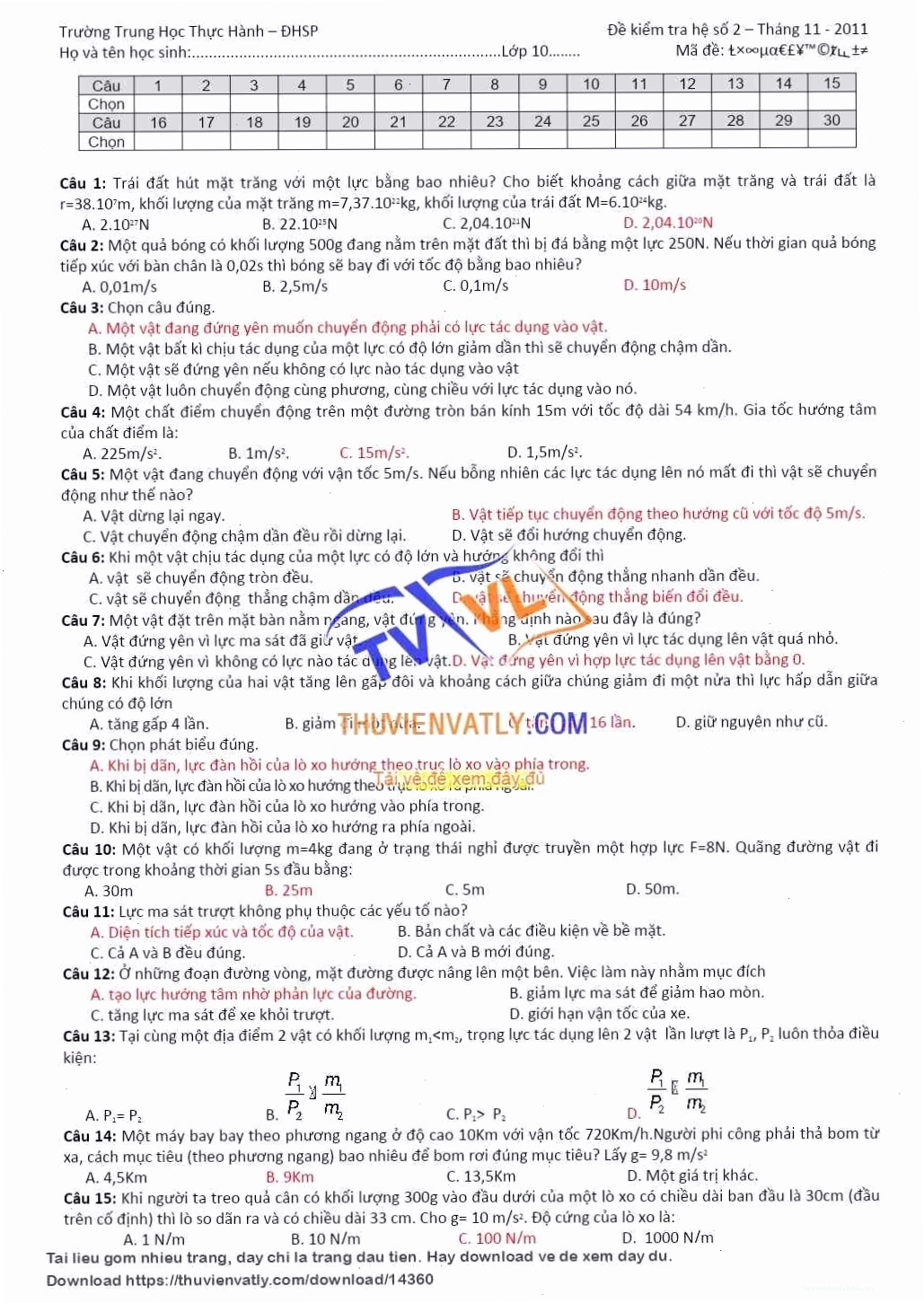 Đề kiểm tra trắc nghiệm chương Động lực học