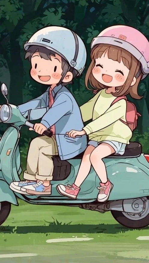 Hai bé chibi đội mũ bảo hiểm cười tươi ngồi trên xe máy xanh