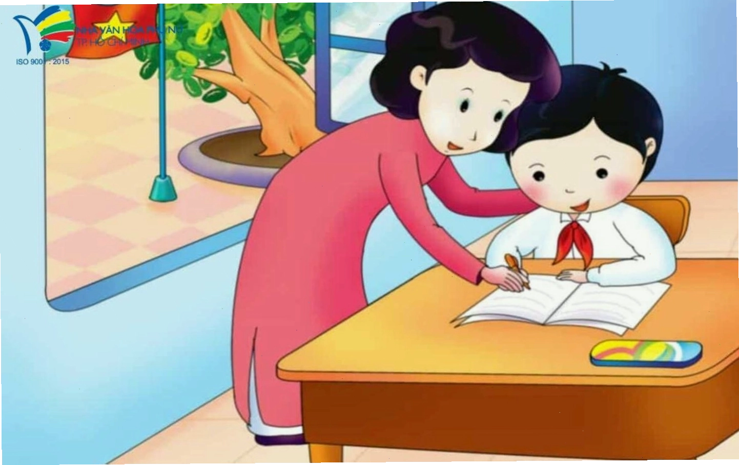 Hình ảnh cô giáo ân cần dạy học trong tranh vẽ 20-11