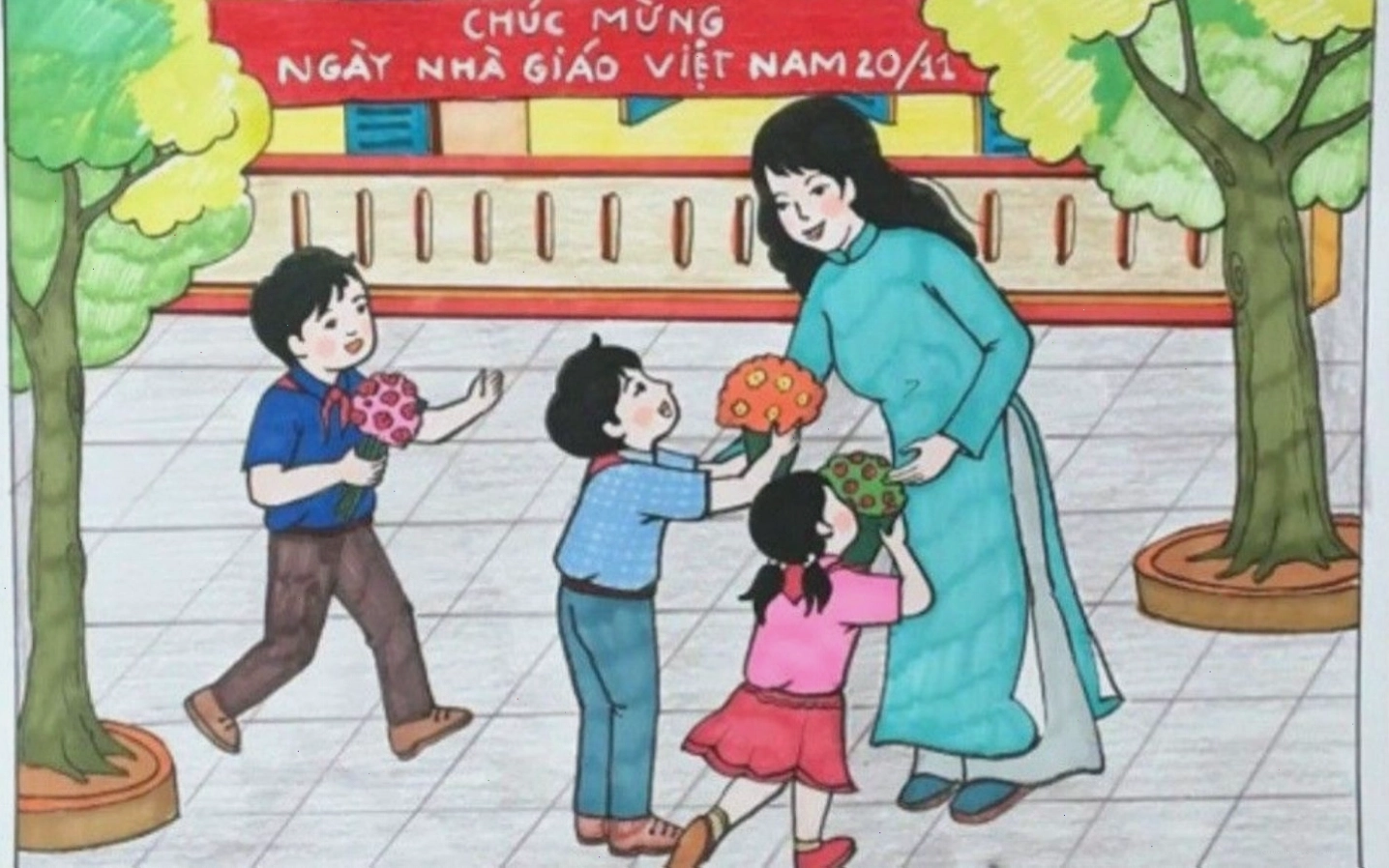Hình ảnh cô giáo dìu dắt học trò trong tranh vẽ 20-11 chibi