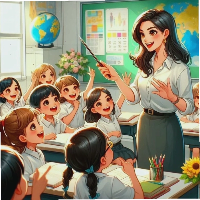 Hình ảnh cô giáo và học sinh chibi tương tác vui vẻ