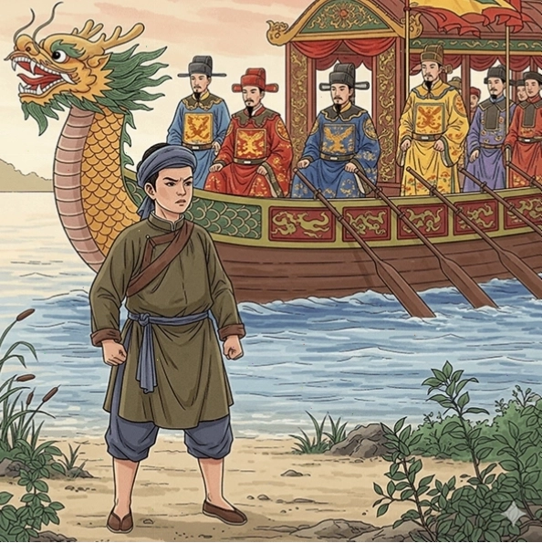 Hình ảnh lá cờ thêu sáu chữ vàng tượng trưng cho ý chí bảo vệ tổ quốc