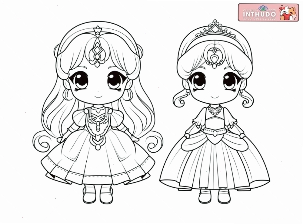 Hình công chúa chibi dễ thương cute đơn giản cho các bé tập tô màu 1