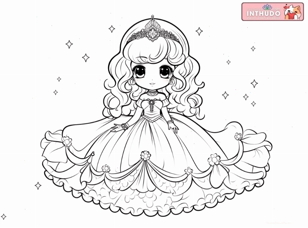 Hình công chúa chibi dễ thương cute đơn giản cho các bé tập tô màu 8
