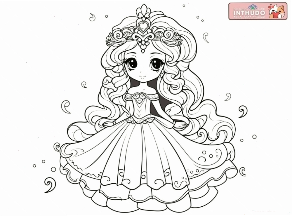 Hình công chúa chibi dễ thương cute đơn giản cho các bé tập tô màu 3