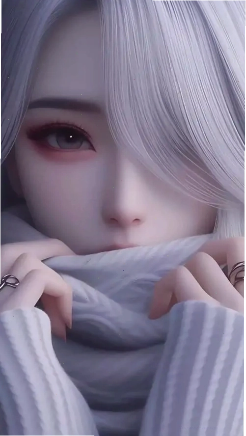 Hình nền anime nữ tóc trắng dịu dàng trong trang phục mùa đông