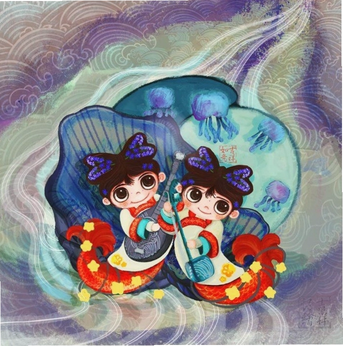 Hình vẽ chibi cung Song Ngư với vẻ ngoài mơ màng và lãng mạn