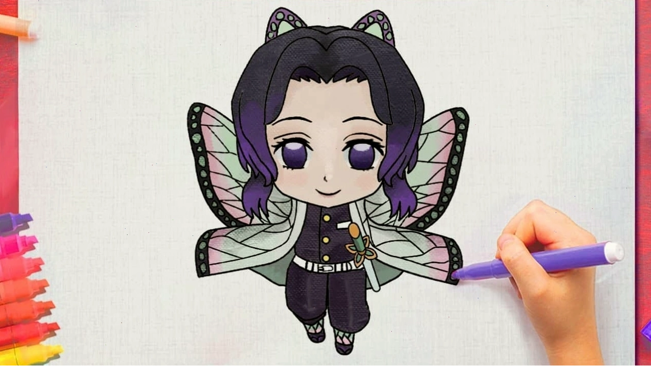 Hình vẽ Shinobu chibi đáng yêu với trang phục cách điệu