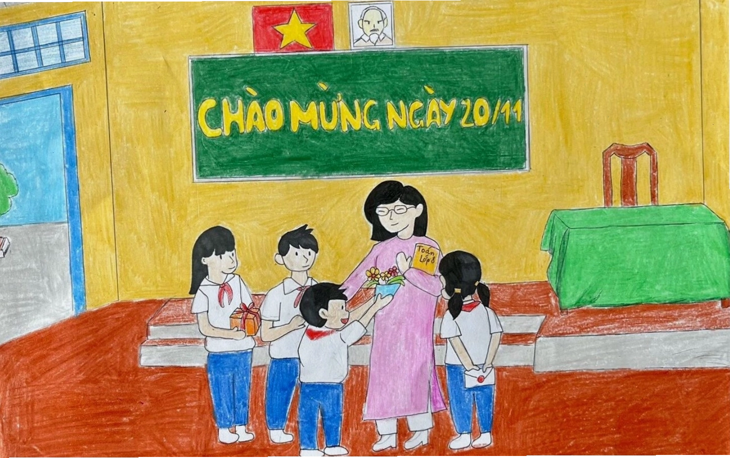 Học sinh chào cô giáo thân yêu trong tranh vẽ 20-11