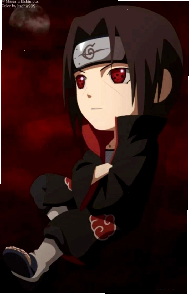 Itachi Uchiha phiên bản chibi với bộ trang phục Akatsuki quen thuộc