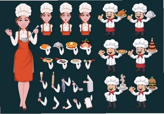 Logo chibi đầu bếp nữ dễ thương với mũ đầu bếp và tạp dề