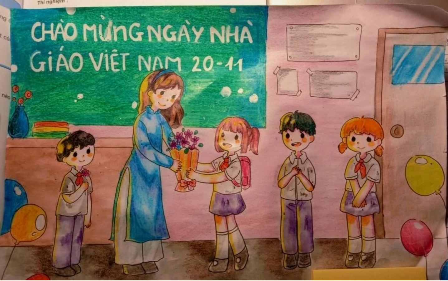 Lời tri ân cô giáo trong lớp học qua tranh vẽ 20-11