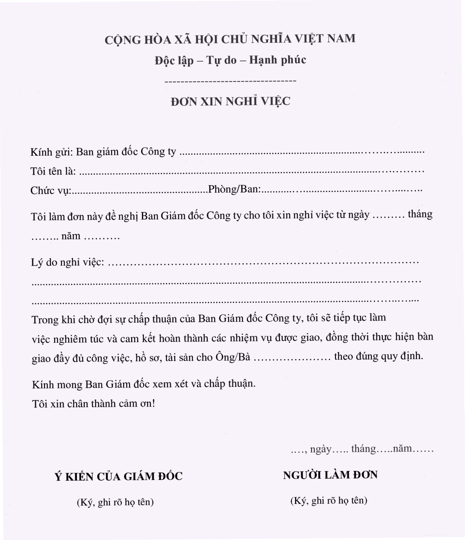 Mẫu đơn xin nghỉ việc dành cho công nhân