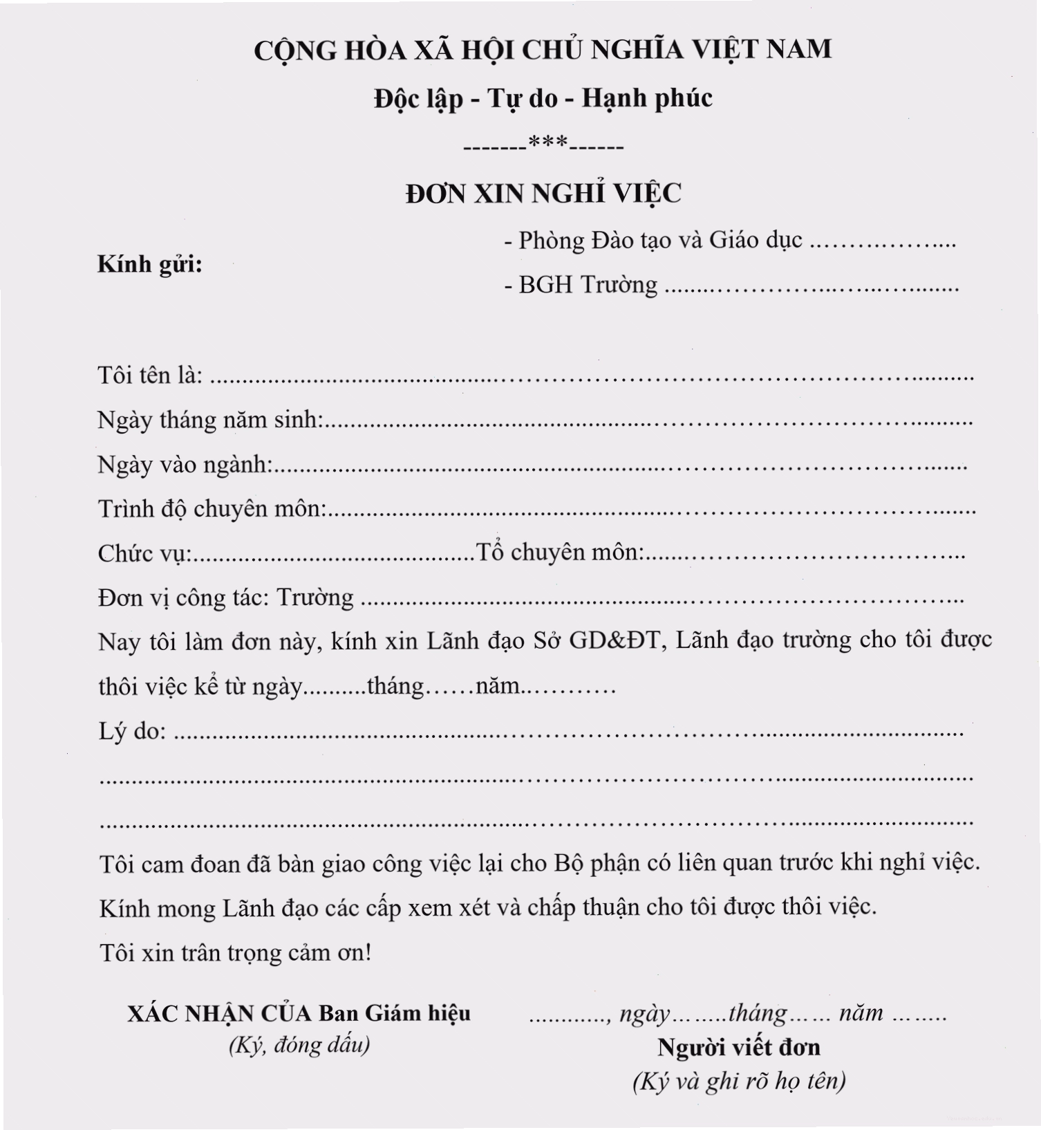 Mẫu đơn xin nghỉ việc dành cho giáo viên