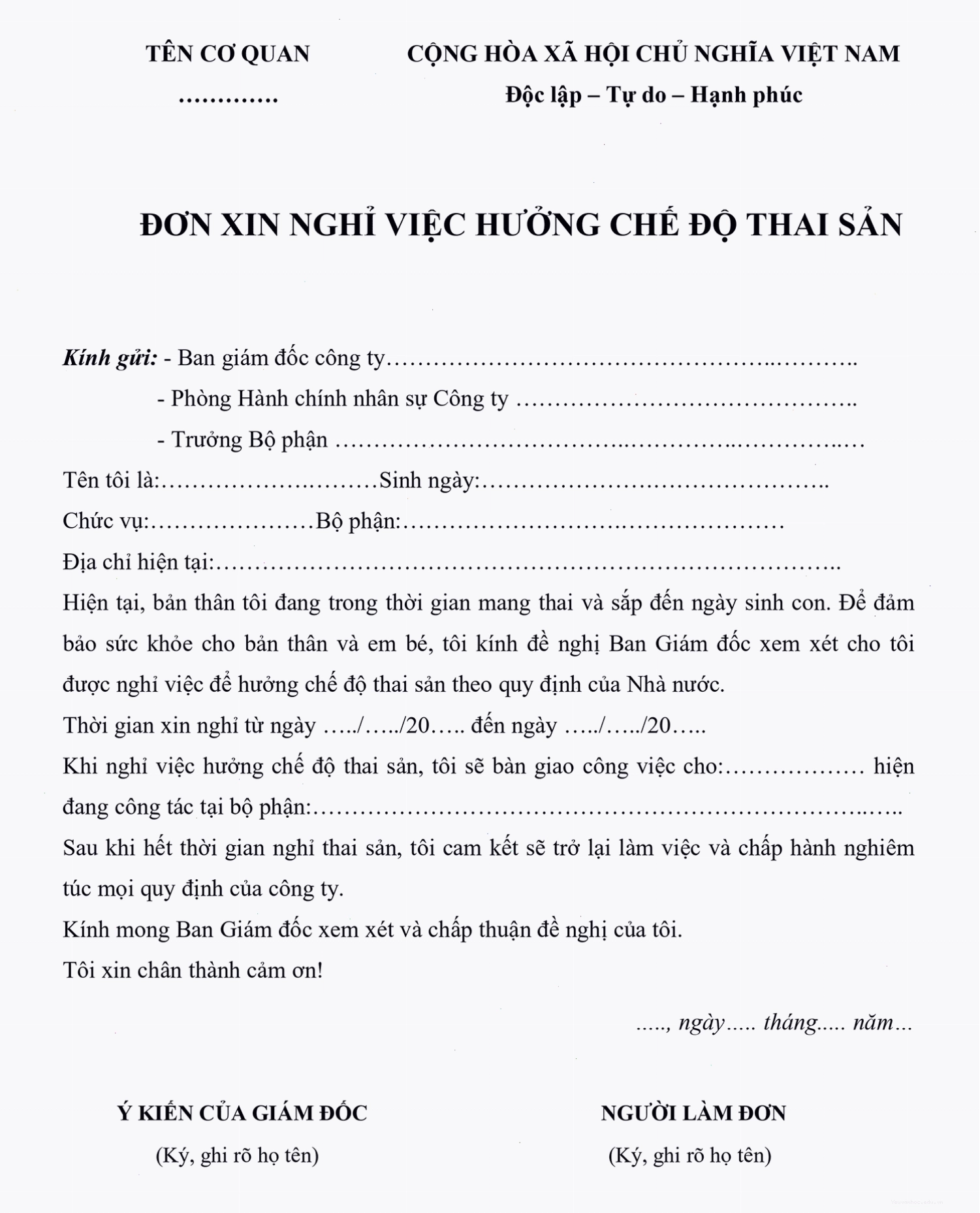 Mẫu đơn xin nghỉ việc hưởng chế độ thai sản