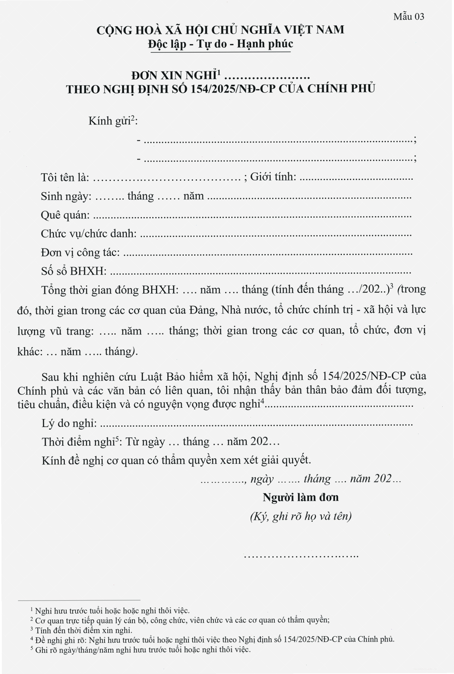 Mẫu đơn xin nghỉ việc theo Nghị định 154