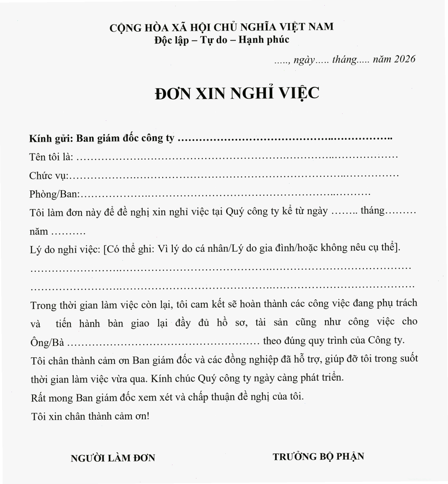 Mẫu đơn xin nghỉ việc vì lý do gia đình