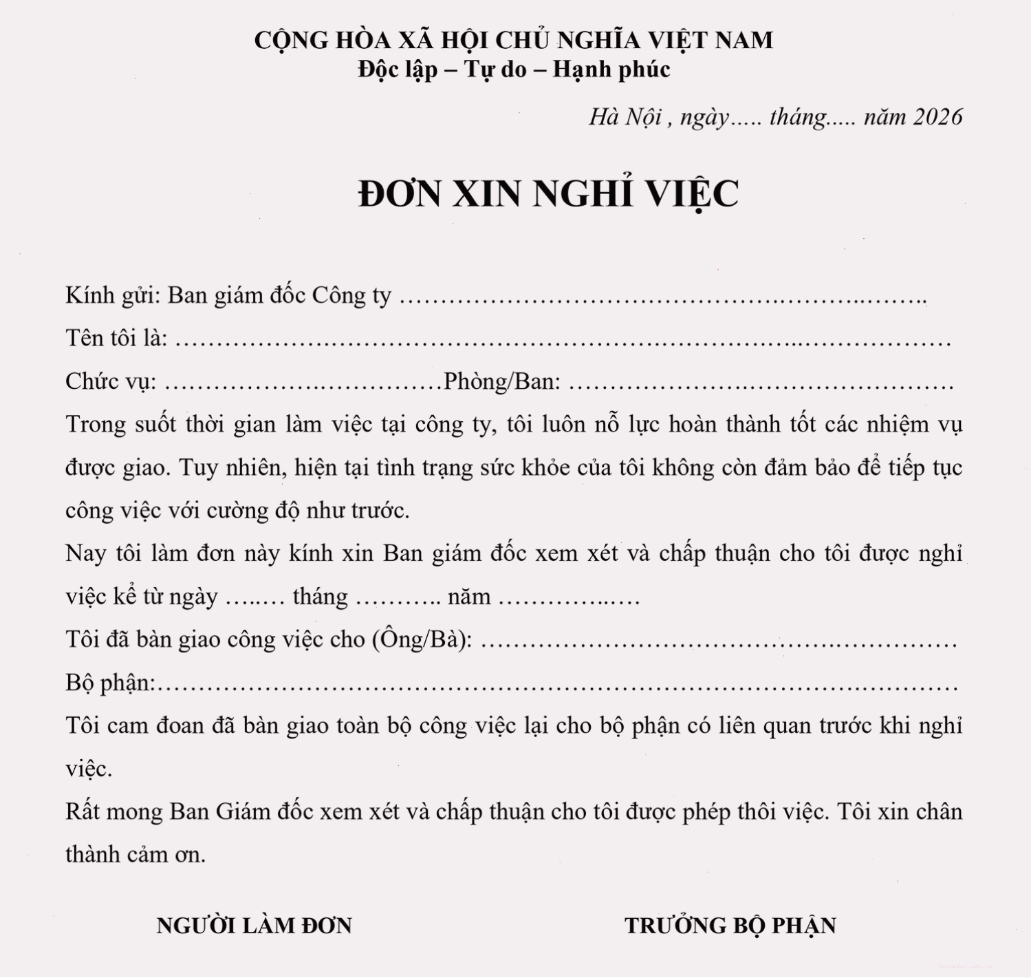 Mẫu đơn xin nghỉ việc vì lý do sức khỏe đột xuất