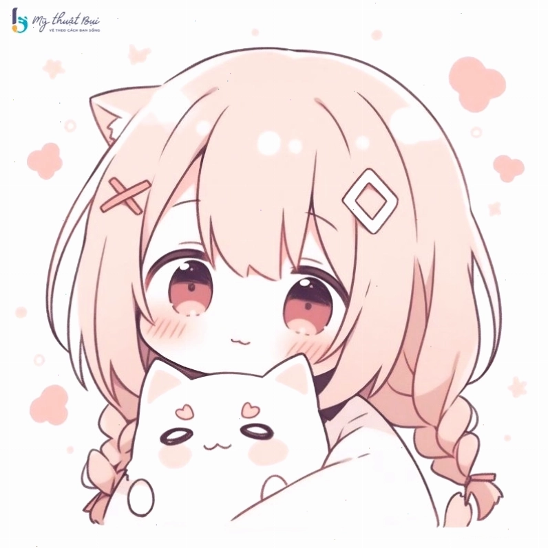 Mẫu vẽ Chibi nữ tóc dài màu hồng đang cười tươi tắn