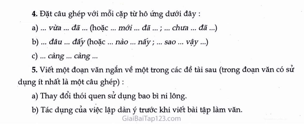 Minh họa cấu trúc câu ghép với các vế câu và từ nối