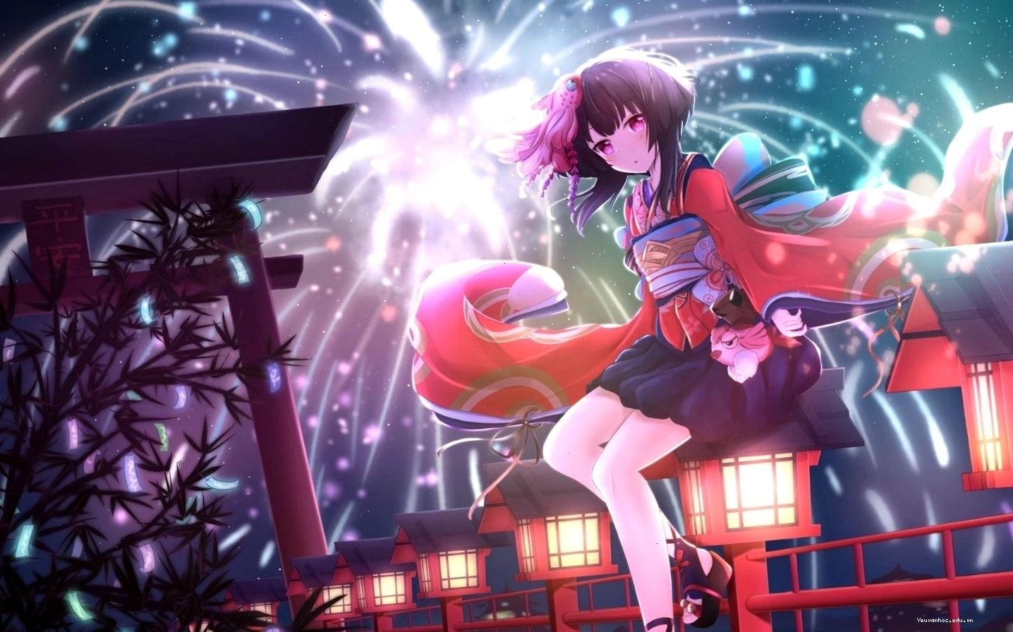Nhân vật anime nữ trong bộ kimono truyền thống phiên bản cute