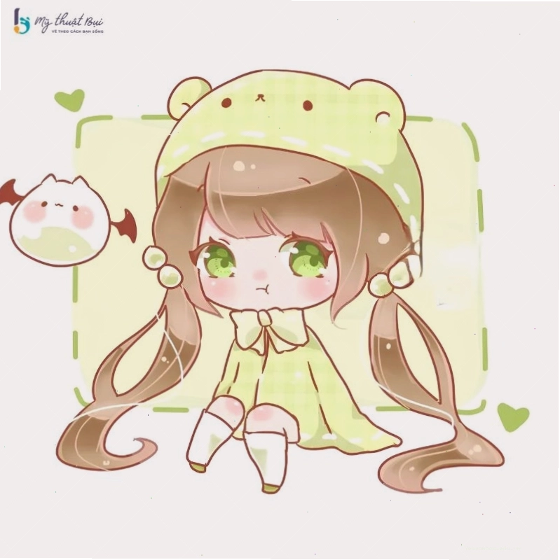 Nhân vật Chibi nữ cầm ô, mặc váy hoa