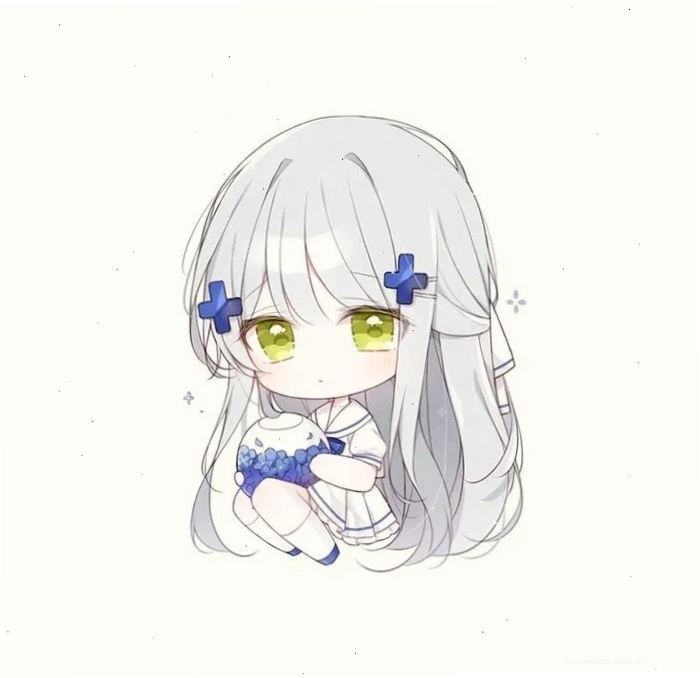 Nhân vật nữ chibi váy trắng cầm bó hoa