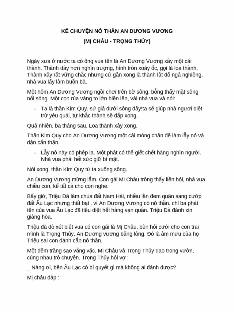Phân tích chi tiết truyện An Dương Vương và Mị Châu Trọng Thủy