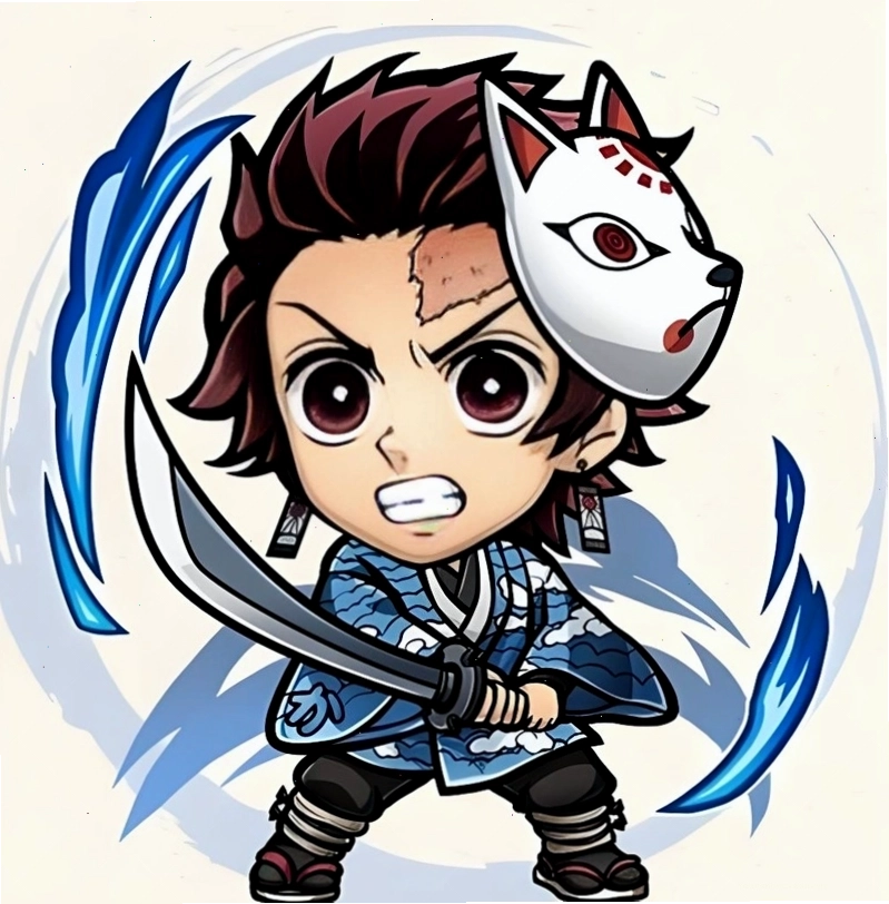 Tanjiro Chibi ngồi bên cạnh hộp của Nezuko