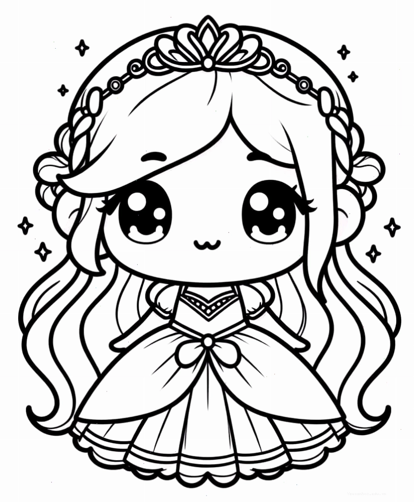 Tranh tô màu công chúa chibi mỉm cười với các chi tiết đơn giản