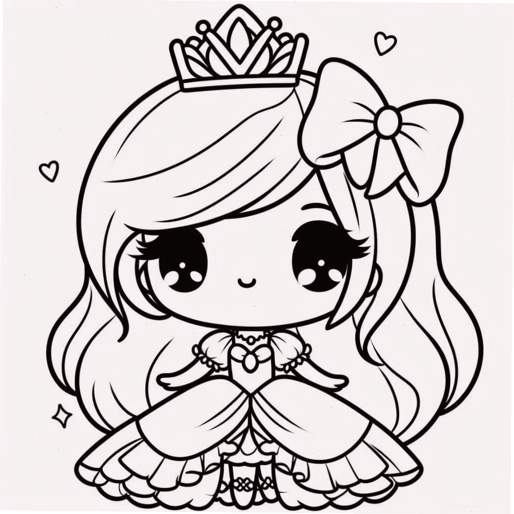 Tranh tô màu công chúa chibi xinh xắn trong bộ váy lộng lẫy