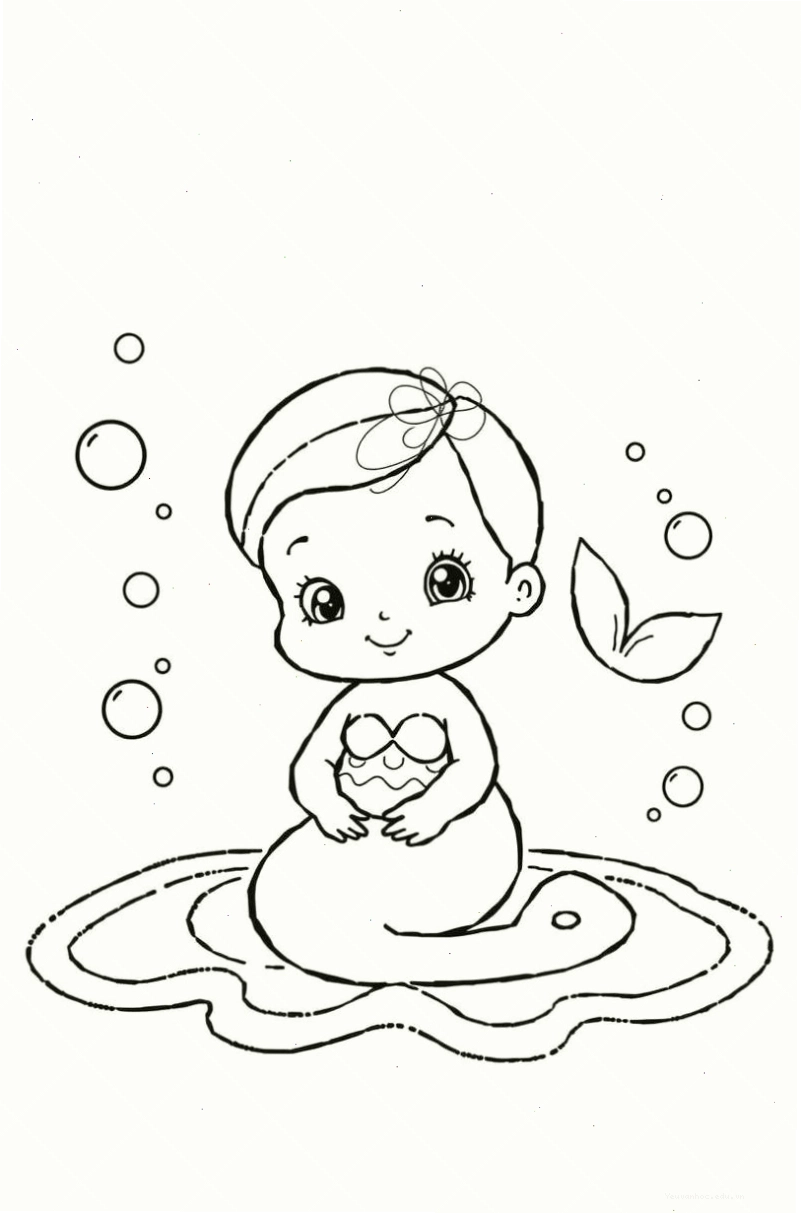 Tranh tô màu nàng tiên cá chibi đơn giản