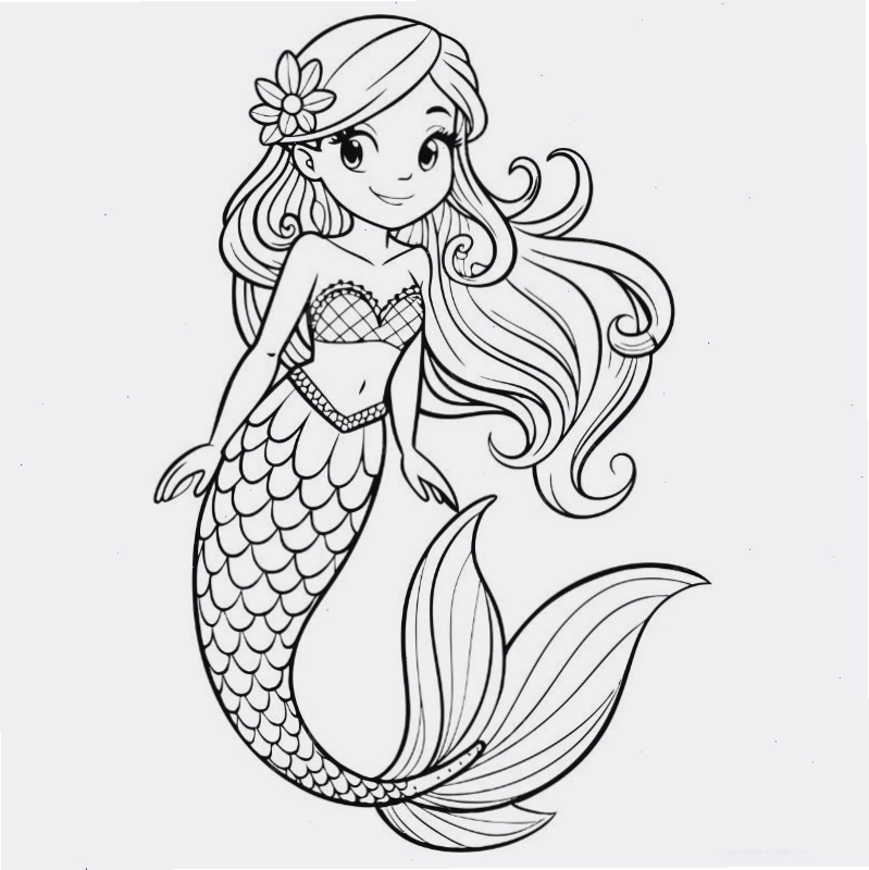 Tranh tô màu nàng tiên cá chibi với mái tóc xoăn bay