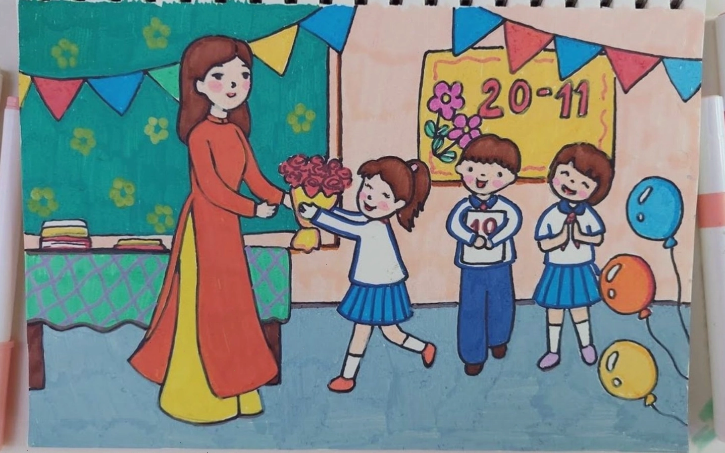 Tranh vẽ 20-11 chibi cô và trò trong ngày lễ ấm áp